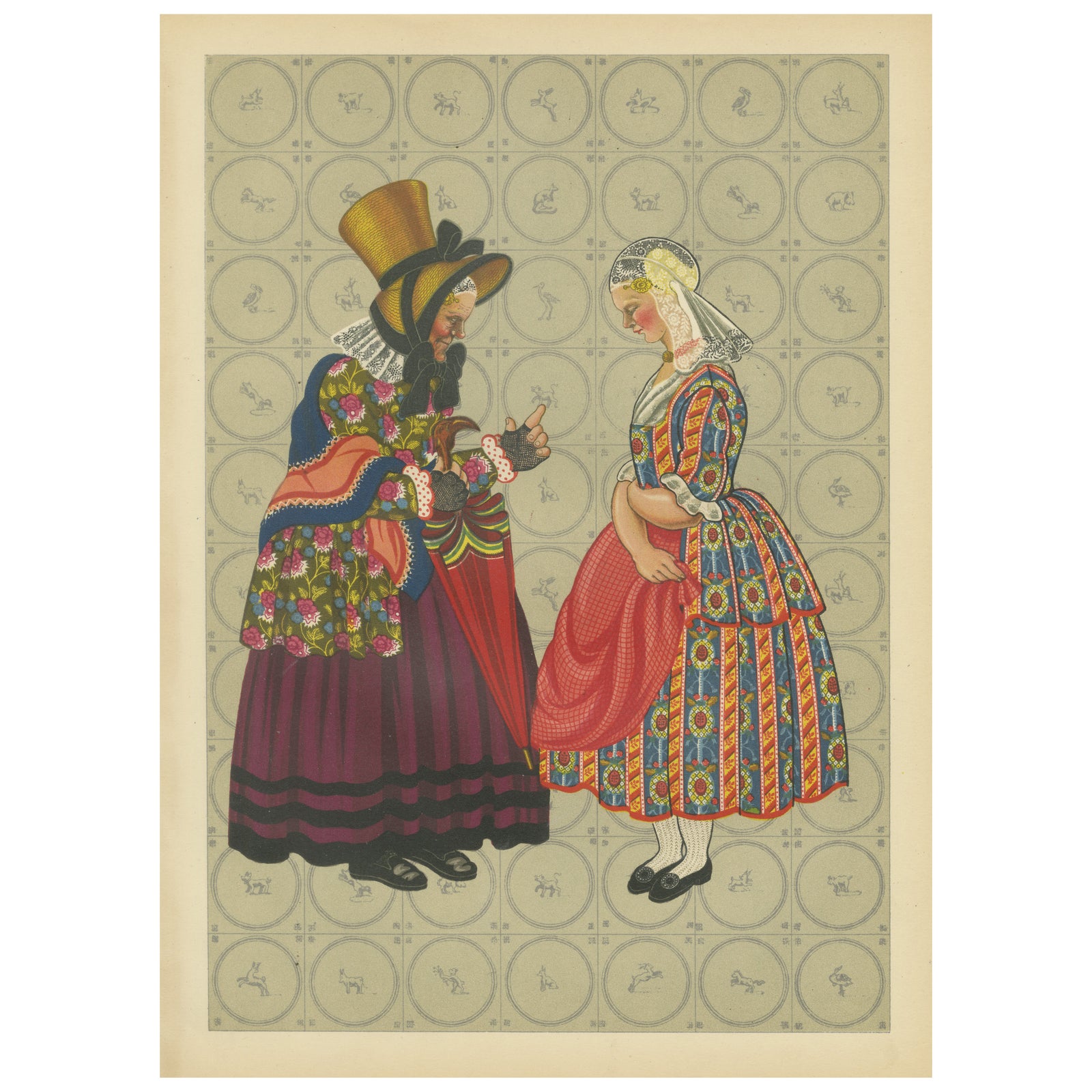 Chromolithograph of Groningen Women in Chintz and Flodder Muts Headdresses, 1932