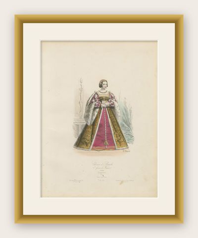 Antique French Costume Print of Eleonore di Austria, Renaissance Fashion, c.1860, shown framed