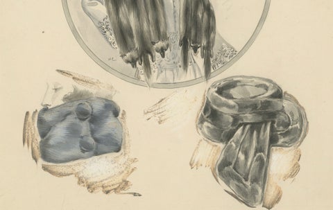French Art Nouveau Fashion Design with Fur Stoles and Elegant Lady, c.1910, close-up 4