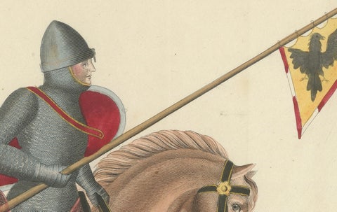 19th-Century Hand-Coloured Print of Armed Horsemen Bearing a Heraldic Banner, close-up 1