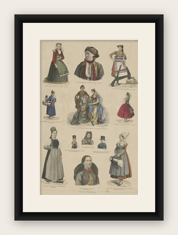 Old Costume Prints of Russia, Italy, France, Jutland, Spain, Austria, Etc., 1875, shown framed