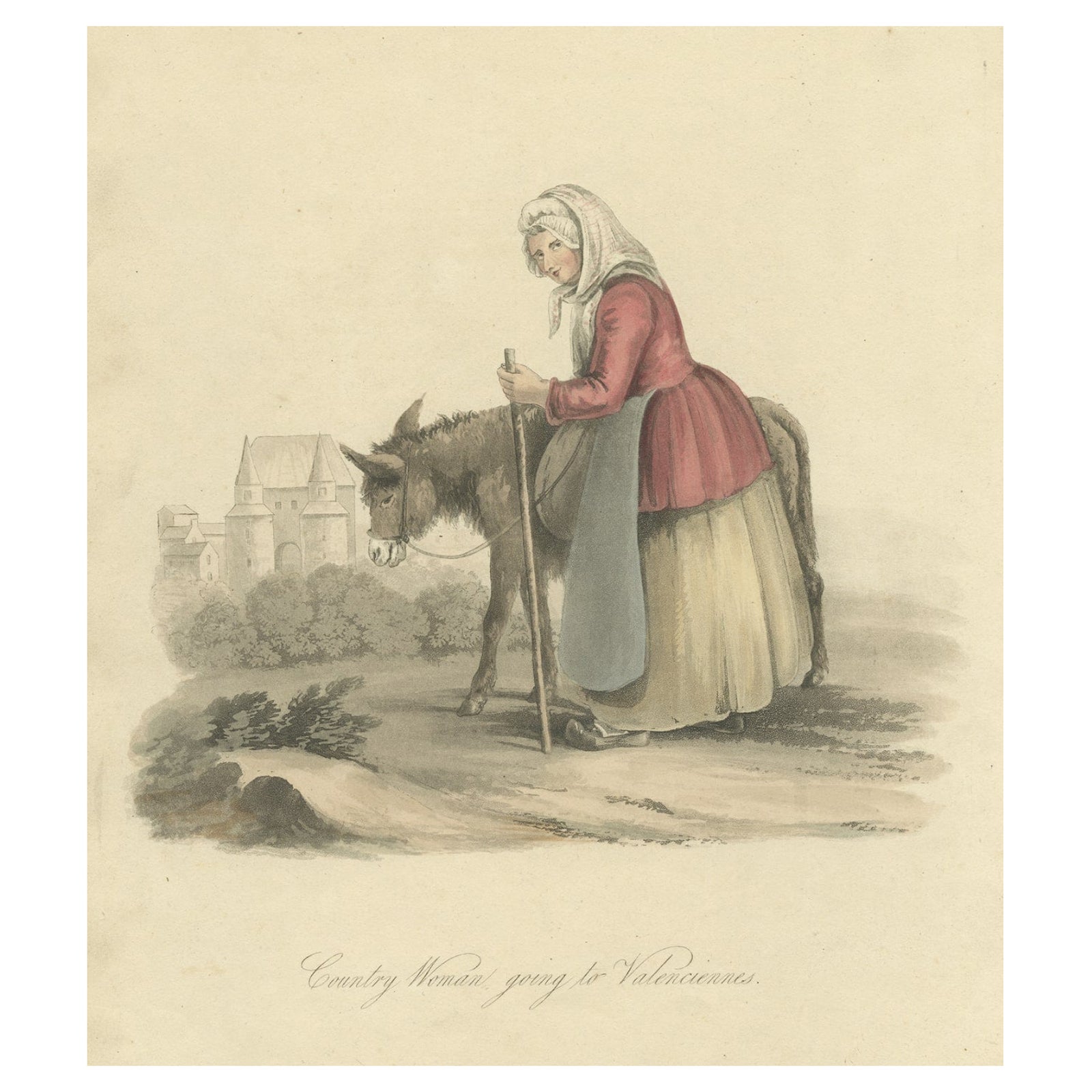 Antique Print of a Country Woman Going to Valenciennes in France, 1817