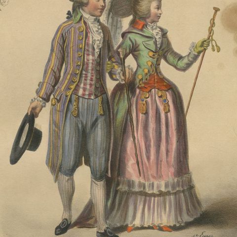 Louis XVI French Rococo Court Costume Lithograph, 1778, Published 1847, close-up 2