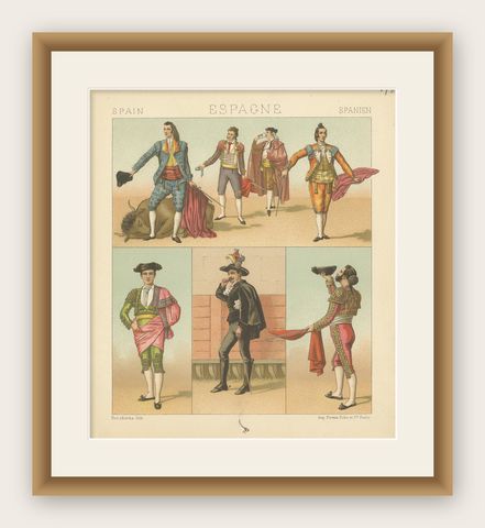 Pl. 178 Antique Print of Spanish Bullfighting Costumes by Racinet, 'circa 1880', shown framed