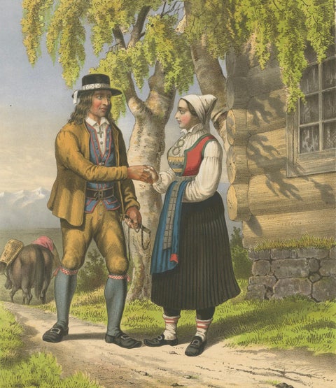 Norwegian Country Attire, Vos Folk Dress, Antique Chromolithograph, c.1860, close-up 5