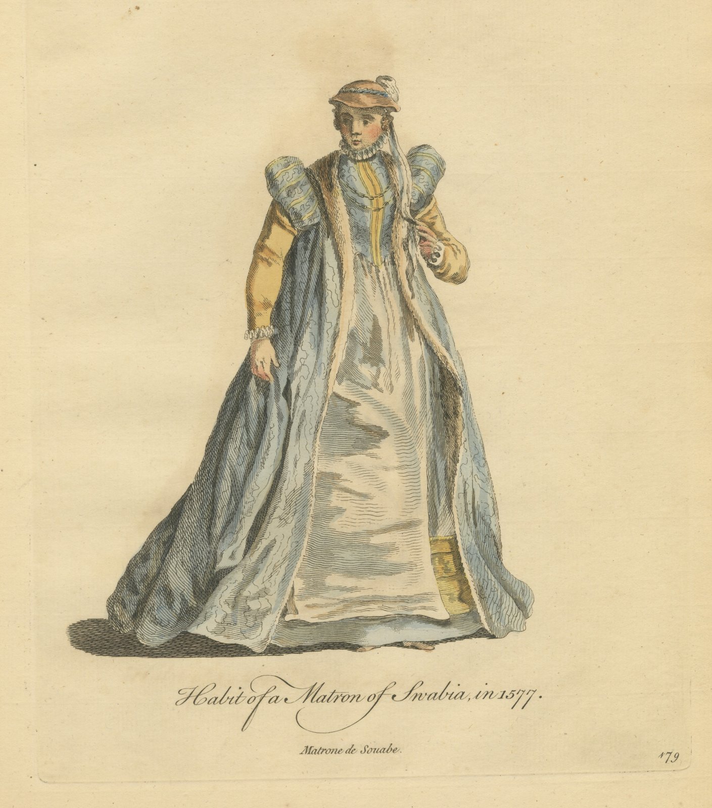 Matron of Swabia in Fur-Trimmed Blue Gown, Costume of 1577, Jefferys 1757