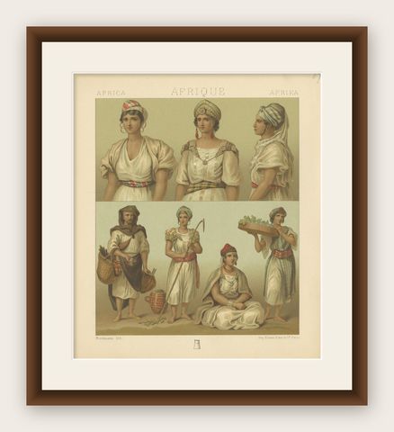 Antique Print of African Costumes Racinet, 'circa 1880', shown framed