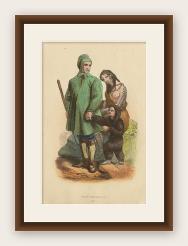 Antique Costume Print of Chuckchi People by Wahlen, 1843, shown framed