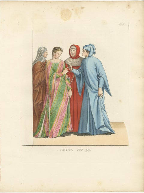 Medieval Italian Courtship c.1300s, Nobles in Historic Dress, Print 1845, view 2