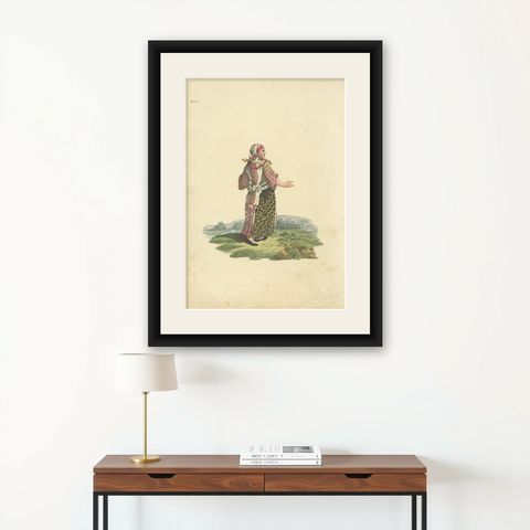 Antique Costume Print of a Woman of Finland in Her Holiday Dress, 1811, shown framed on a wall