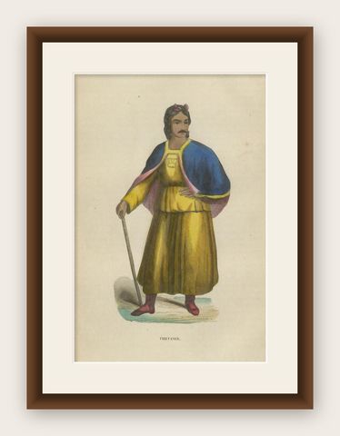 Chinese Tibetan Figure Costume Print, Hand-Colored Ethnographic Engraving, 1854, shown framed