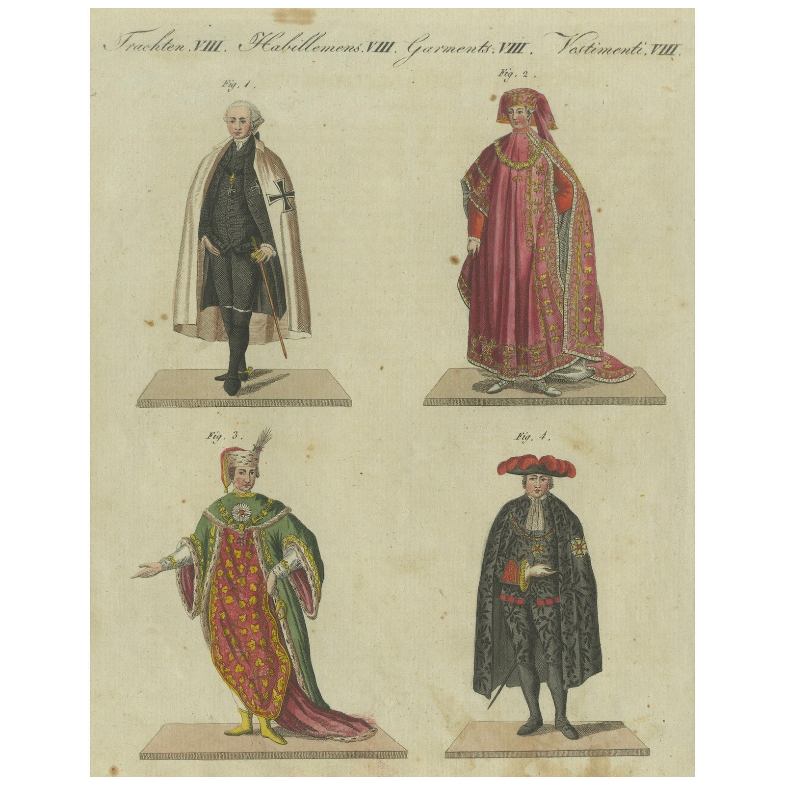 18th-Century Aristocratic and Ceremonial Attire: Handcolored Engraving of 1805