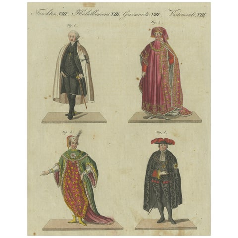 18th-Century Aristocratic and Ceremonial Attire: Handcolored Engraving of 1805