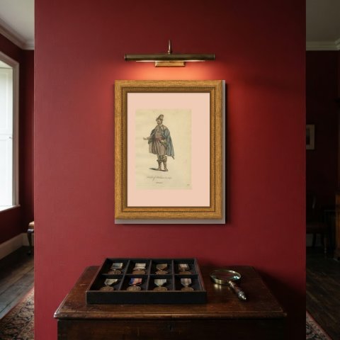 Man of Bohemia in Fur Hat and Fur-Lined Cloak, Costume of 1577, Jefferys 1757, shown framed on a wall