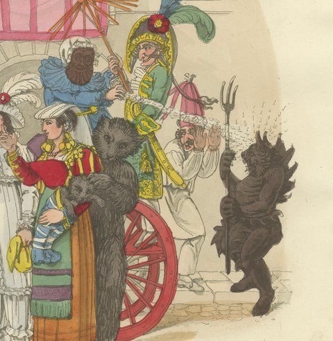 Roman Carnival Costumes & Festivity - 1820 Etching of Celebration, close-up 3