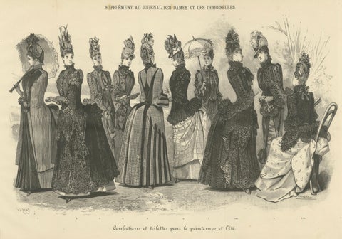 Large French Fashion Plate, Panoramic Couture Study, Paris, c.1887, close-up 1