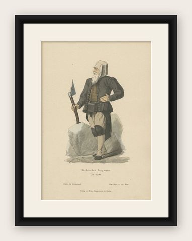 Antique Costume Print of a Saxon Miner in the Year 1600, Published in 1880, shown framed