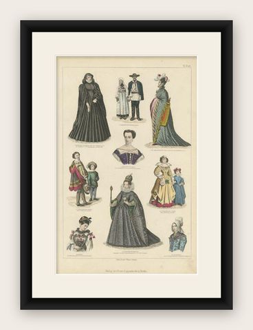 Antique Costume Print Including Costumes of France and Others, shown framed