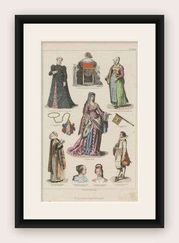 Antique Costume Print of France, the Middle Ages, Portugal and Others, shown framed