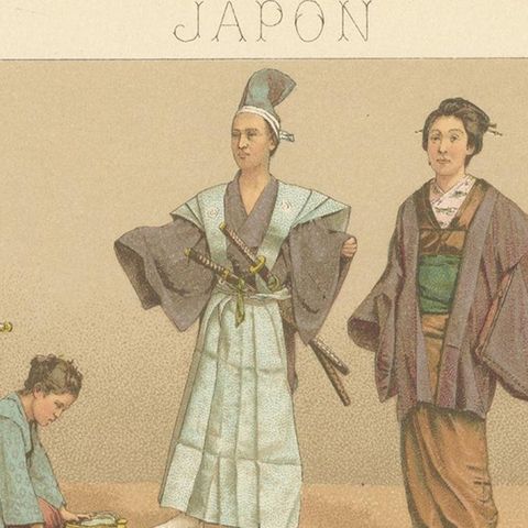 Pl. 64 Antique Print of Japanese Costumes by Racinet, 'circa 1880', close-up 1