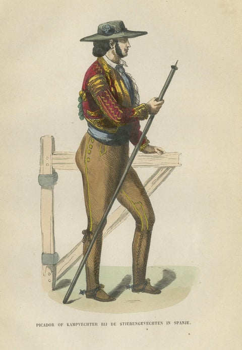 Spanish Bullfight Picador - Antique Costume Lithograph, c.1852, close-up 2