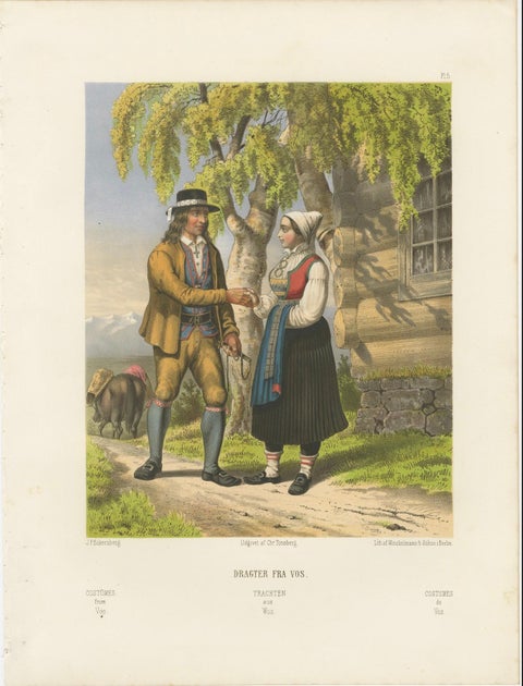 Norwegian Country Attire, Vos Folk Dress, Antique Chromolithograph, c.1860, close-up 1