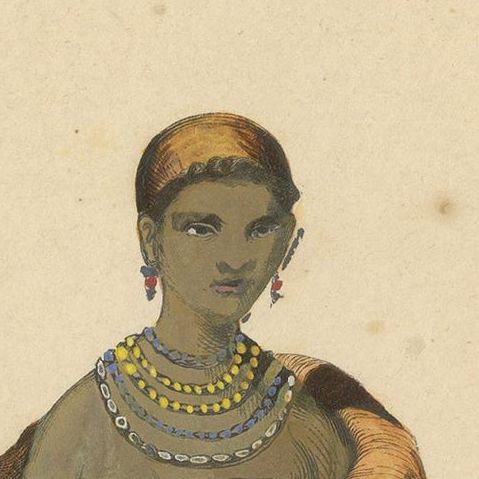 Antique Costume Print of a Female Khoikhoi by Wahlen, 1843, close-up 1