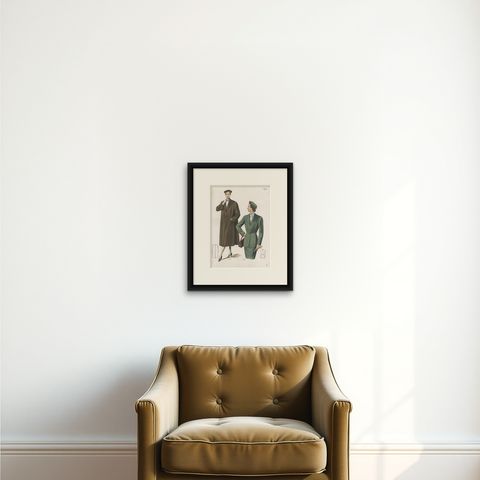 Antique Fashion Print , Published in Ladies Styles, 1951, shown framed on a wall