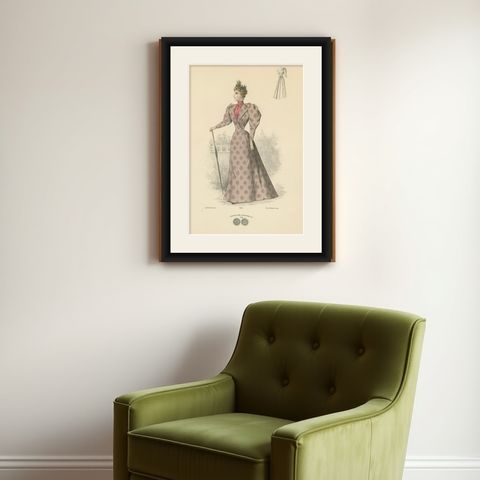 Refined Elegance: 1889 Fashion Lithograph by Michau, the Exposition Universelle, shown framed on a wall