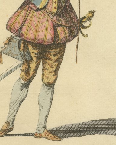 Dutch Soldier in 1588 with a Musket, Hand Colored Jefferys Costume Plate, 1757, close-up 3