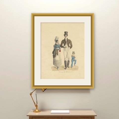 Costume de Printemps, Elegant Early 19th-Century French Fashion Engraving, shown framed on a wall