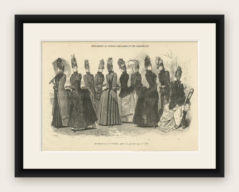 Large French Fashion Plate, Panoramic Couture Study, Paris, c.1887, shown framed