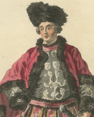 Aletes in the Tragedy of Creusa, Georgian Stage Costume, Jefferys Print, 1757, close-up 1