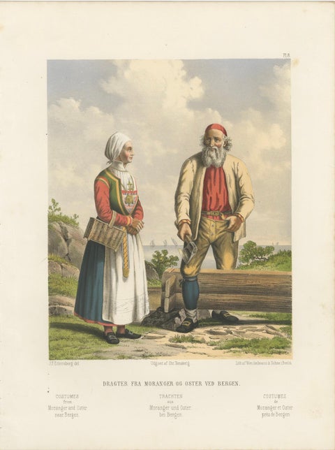 Folk Costumes near Bergen, Moranger and Oster Couple, 19th Century Print, close-up 5