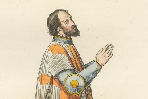 Heraldic Costumes c.1400, Antique 1845 Prints of Knight and Lady, Hand-Coloured, close-up 2