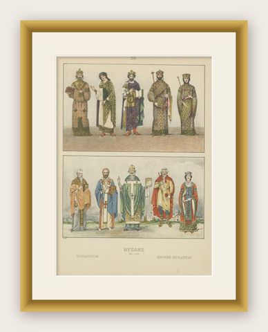 Byzantine Imperial Costume Plate 800–1100, Hand-Colored Print c.1880, shown framed
