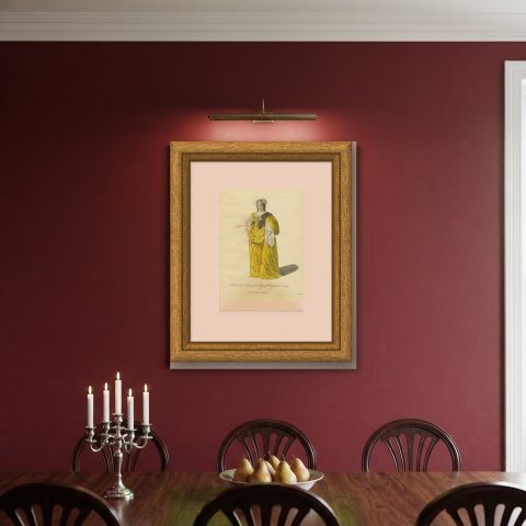 Lady of Quality of England in 1640, Yellow Satin Gown, Jefferys Print, 1757, shown framed on a wall