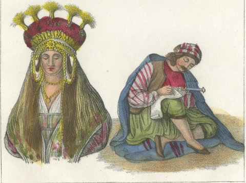 Officer of Nauplia with a Greek Bride and a Greek Merchant, Lithograph, 1842, close-up 2