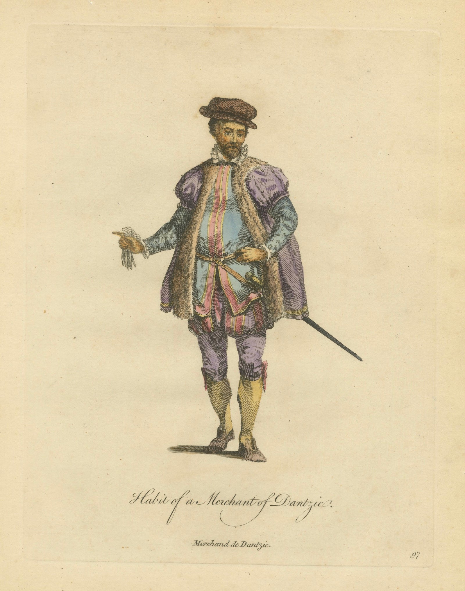 Danzig Merchant Costume Engraving, Polish Trade Figure, Hand-Colored, 1749