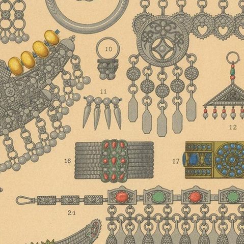 Antique Print of Eastern Jewelry Costumes, 'circa 1880', close-up 2
