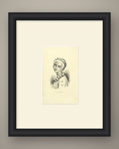 Queen of the Sandwich Islands, Antique Wahlen Costume Print, 1843-1844, shown framed