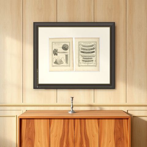 1757 Native American Tribal Adornments, Feathered Headdresses, Belts & Jewelry, shown framed on a wall
