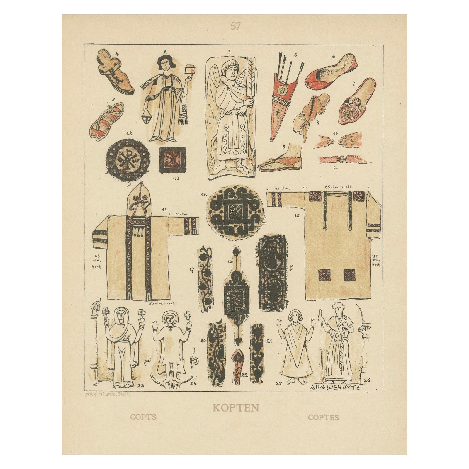 Antique Coptic Costume and Textile Plate, Hand-Colored Print c.1880