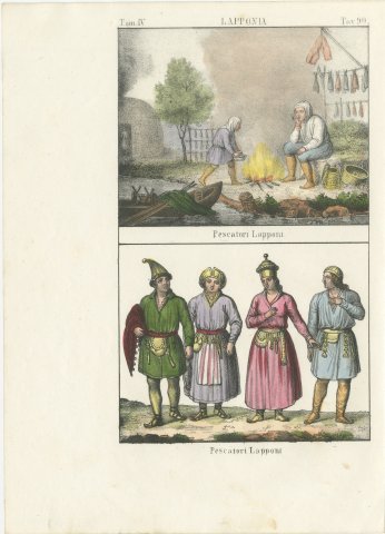 Lapp Fishermen by the Fire and a Group of Lapp Fishermen, Lapland, 1842, view 2