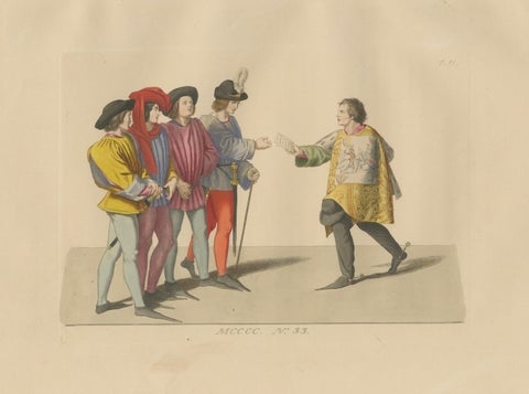 Medieval Messengers & Courtiers, Elegant Hand-Colored Antique Print, France 1845, close-up 1