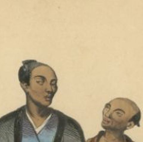 Antique Print of a Japanese Nobleman and his Servant, 1843, close-up 1