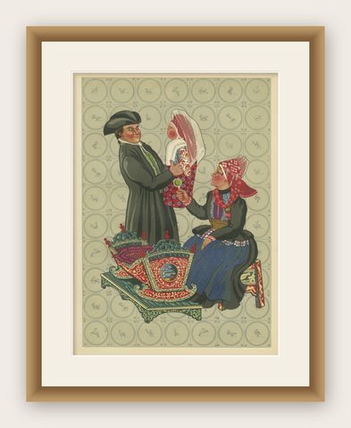 Hindeloopen Family with Painted Cradle, Dutch Costume, 1932, shown framed