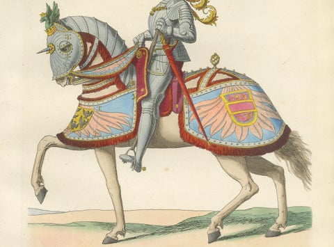 Armored Emperor Maximilian on Horseback in Ornate Renaissance Parade Dress. 1845, close-up 2