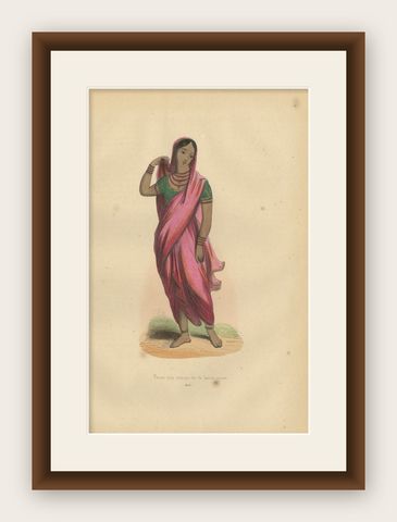 Elegant 1844 Lithograph of a High-Class Indian Woman in Traditional Saree, shown framed