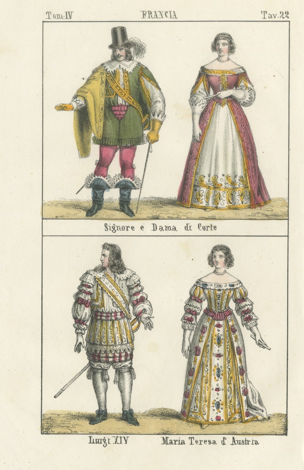 Courtier, Court Lady, Louis XIV and Maria Theresa of Austria, Lithograph, 1842
